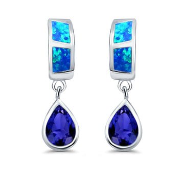 Pear Stud Earrings Lab Created Blue Opal Simulated Blue Sapphire CZ 925 Sterling Silver (23mm)